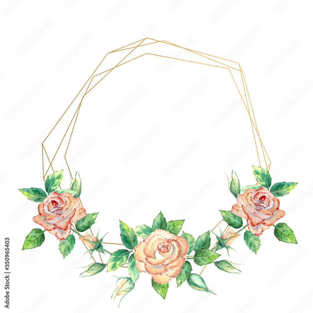 Gold geometric frame decorated with flowers. Peach roses, green leaves, open and closed flowers. Watercolor illustration