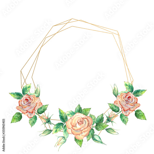 Gold geometric frame decorated with flowers. Peach roses, green leaves, open ...