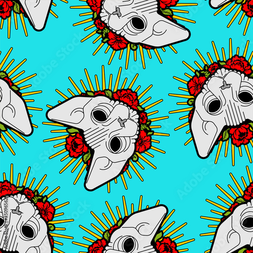 Sphynx cat with flowers pattern seamless. Pet and rose flower Tattoo background. Home animal texture