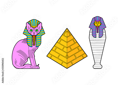 Sphinx cat and Egyptian pyramid set. Sacred animal of Egypt. Secret mystic pet sign