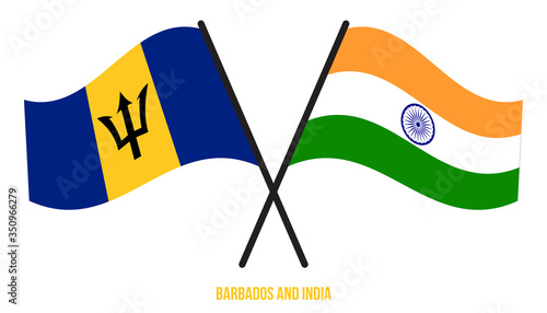 Barbados and India Flags Crossed And Waving Flat Style. Official Proportion. Correct Colors