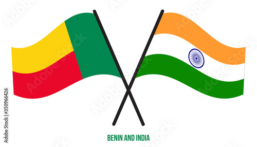 Benin and India Flags Crossed And Waving Flat Style. Official Proportion. Correct Colors