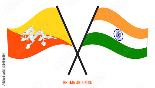 Bhutan and India Flags Crossed And Waving Flat Style. Official Proportion. Correct Colors