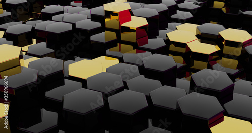 Abstract technological black and gold hexagons background