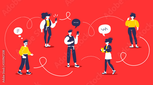 Man and woman chatting communication in messenger. Vector creative illustration of young modern group of people with smart phone on red color background.