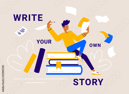 Vector creative business illustration of man with pen and paper sitting on book on color background with word. Writer starting write. Creativity inspiration concept.