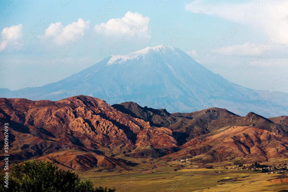Snow cap of Mount Ararat close-up. Ice plateau. The summit of the mountain. Blue sky and majestic landscape. Panoramic view of Ararat peak from Turkey, Agri Province Snow cap of Mount Ararat close-up. Ice plateau. The summit of the mountain. Blue sky and majestic landscape. Panoramic view of Ararat peak from Turkey, Agri Province
