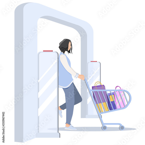 Woman goes through anti-theft sensor gates. Security system detect barcode and notify. Vector, illustration. No signal from gates - no stolen items.