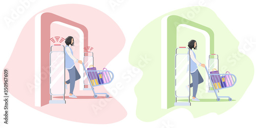 Woman goes through anti-theft sensor gates. System reports theft. Security system detect barcode and notify. Vector, illustration. Green color of frame - no stolen items. Red color - item was stolen.