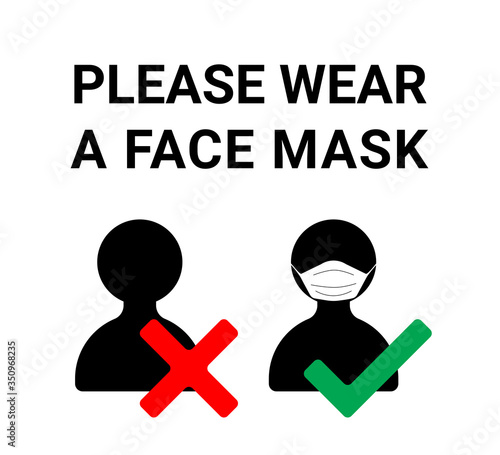 Medical face mask icons. Simple signs with people wearing protection masks and not wearing. Please wear a face mask.