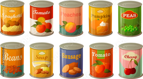 Vector illustration of canned pantry staples like soups, vegetables, fruits and stews isolated on white background