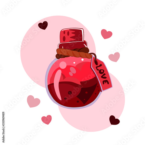 A  bottle with the elixir of love. Valentines day card.