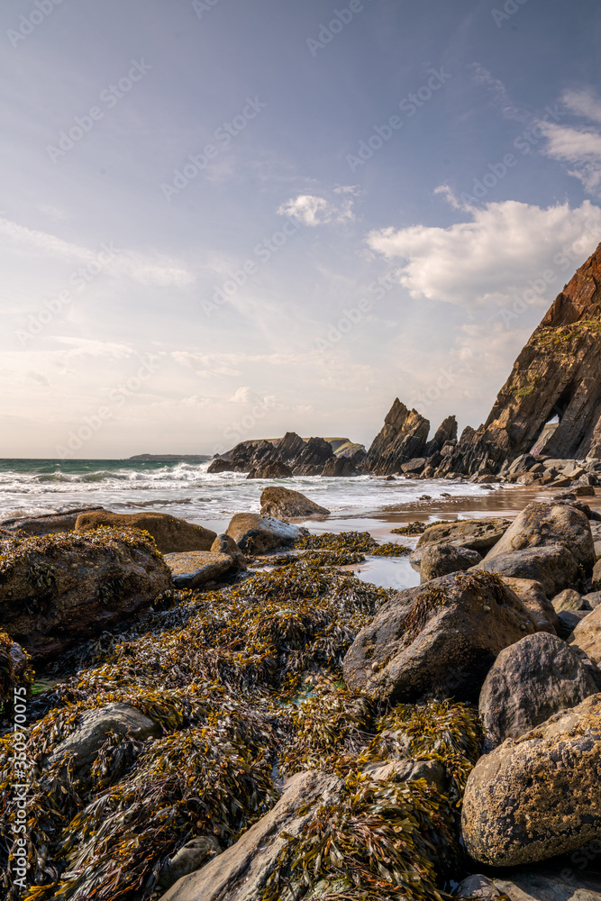 On the beach of Marloes Sands beach, with rock pools, sea weed, the sea and cliffs in the distance, South Wales