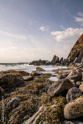 On the beach of Marloes Sands beach  with rock pools  sea weed  the sea and cliffs in the distance  South Wales