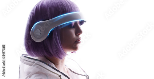 Beautiful woman with purple hair in futuristic costume over white background. Girl in glasses of virtual reality. Augmented reality, game, future technology, AI concept. VR. Blue neon light.