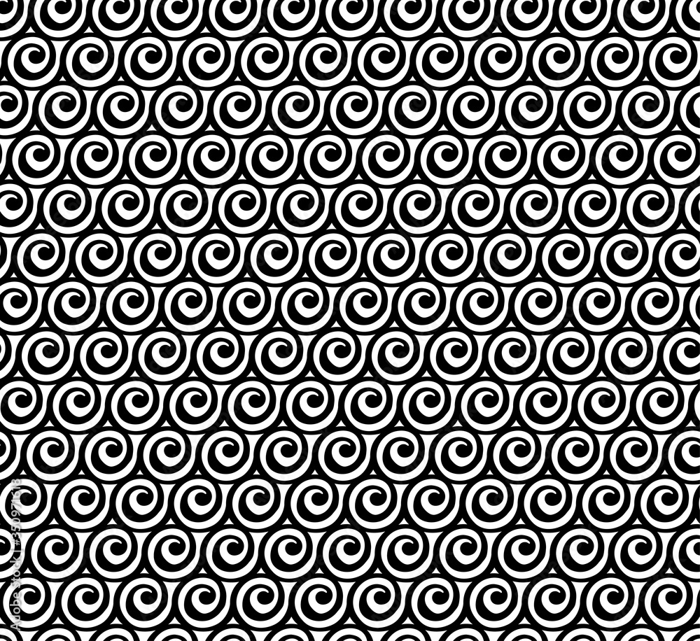 Spiral Seamless Pattern. Endless Texture With Many Round Swirl Shapes In Horizontal Rows. Pattern black and white. For Design, Wallpaper, Fabric,Wrapping Paper, Trendy Repeating Background Spiral Seamless Pattern. Endless Texture With Many Round Swirl Shapes In Horizontal Rows. Pattern black and white. For Design, Wallpaper, Fabric,Wrapping Paper, Trendy Repeating Background