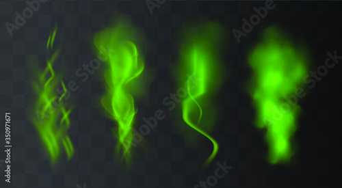 Green stink bad smell, smoke or poison gases,chemical toxic vapour.Vector realistic set of stench breath or sweat odor isolated on transparent checkered background.

