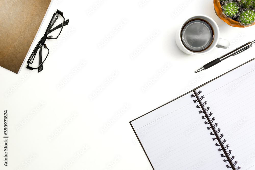 High Angle View Of Books With Black Coffee And Eyeglasses Over White Background High Angle View Of Books With Black Coffee And Eyeglasses Over White Background