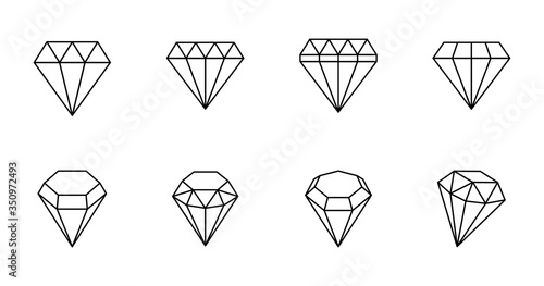 Vector diamond icon. Collection of 8 editable stroke icons. Faceted diamonds of various shapes. Design elements, logo, symbol of the success of wealth and fame