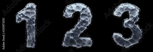 Set of numbers 1, 2, 3 made of forged metal isolated on black background. 3d