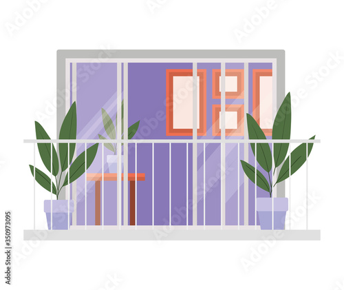 window balcony with interior view of plants and frames vector design