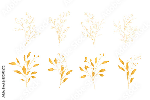 Botanical line art silhouette golden leaves hand drawn pencil sketches isolated on white background. Fine art floral elegant delicate graphic clipart for wedding invitation card. Vector illustration