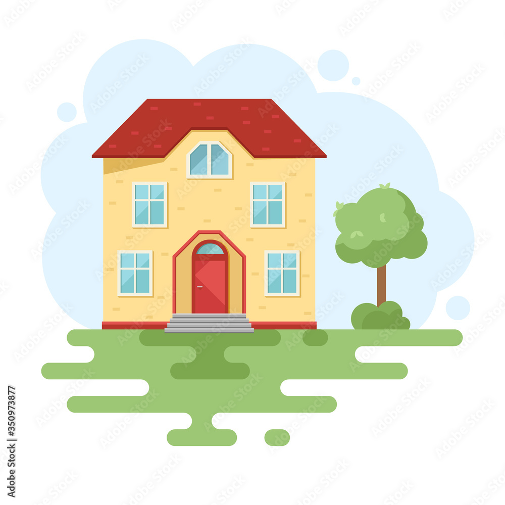 Stylish house against the sky and other elements of the environment. House in a flat style. Vector