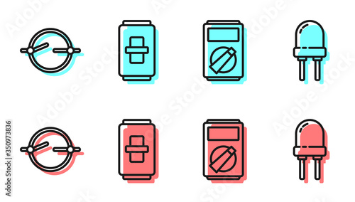 Set line Multimeter, Electric circuit scheme, Electric light switch and Light emitting diode icon. Vector