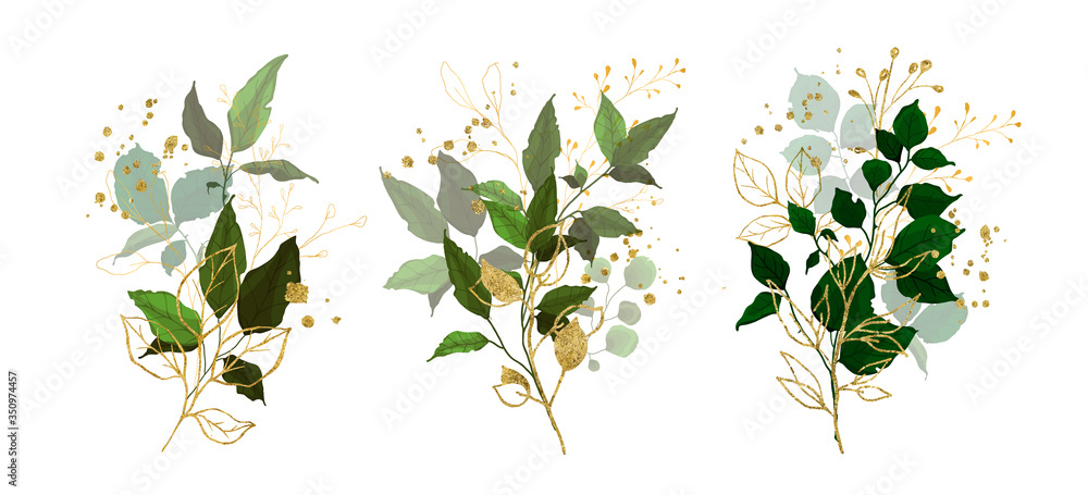 Gold leaves green tropical branch plants wedding bouquet with golden splatters isolated. Floral foliage vector illustration arrangement in watercolor style for wedding invitation card - obrazy, fototapety, plakaty 