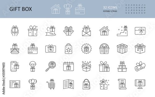 Vector gift icon. Collection of 32 editable stroke icons. Gift boxes in the hands of an envelope smartphone. Surprise balloons greeting card calendar. Magnifier basket monitor discounts