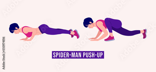 Girl doing Spiderman Push Up exercise, Woman workout fitness, aerobic and exercises. Vector Illustration.