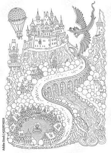 Download Fantasy Landscape Fairy Tale Medieval Castle On A Hill Flying Dragon And Air Balloon T Shirt Print Album Cover Invitation Card Black And White Coloring Book Page For Adults And Children Stock Vector