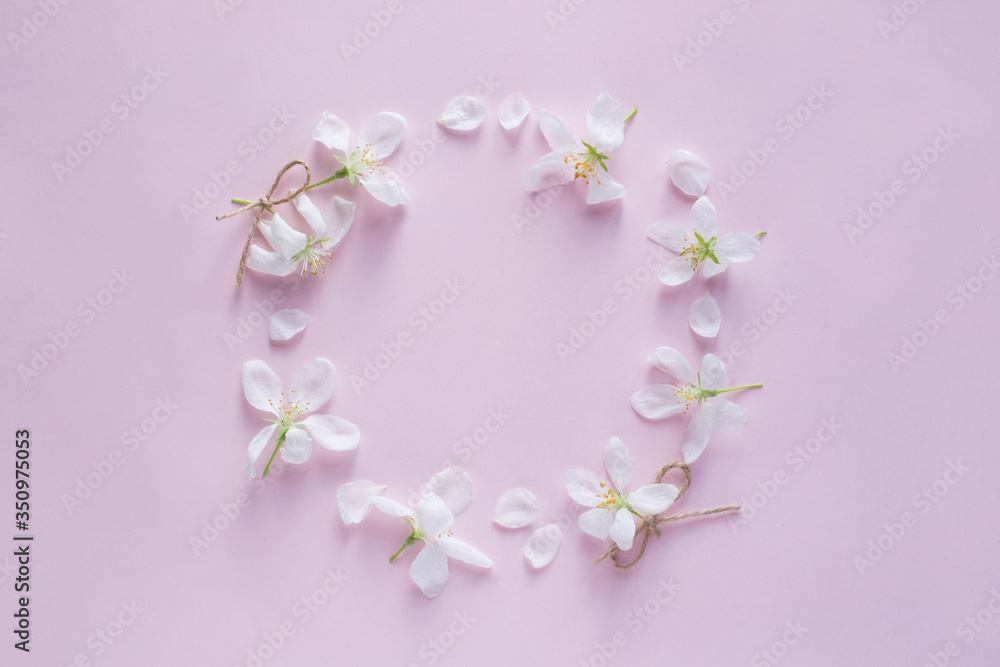 Round wreath frame copy space mock up.  Apple blossom flower buds background. Flat lay, top view floral spring concept.