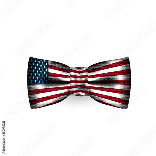 Men bow tie USA flag texture on white background. Necktie selfie filter effect for social photo. Cloth butterfly textile texture. Gentleman suit element. Silk, satin bowtie. Vector illustration.