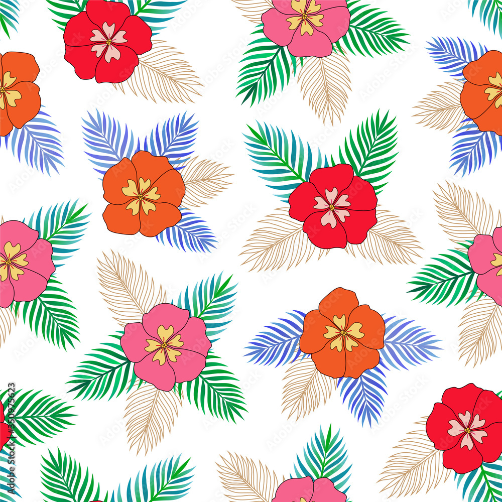 Vector seamless pattern with tropical flowers and leaves