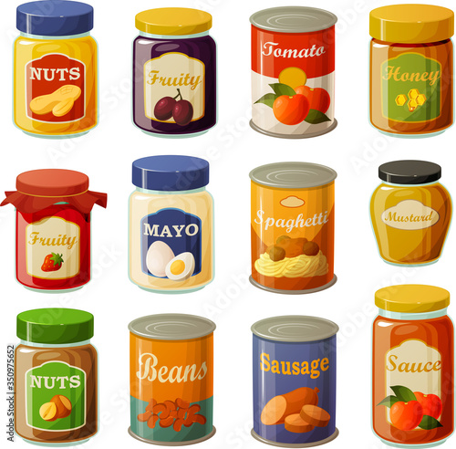 Vector illustration of various food pantry staples in jars and cans isolated on white background