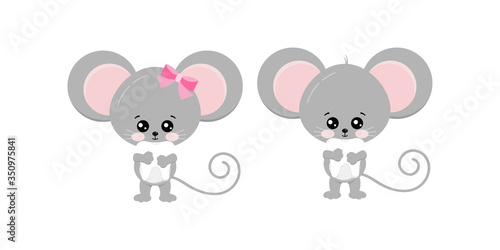 Cute mouse hold tooth in paws set isolated on white bckground.
