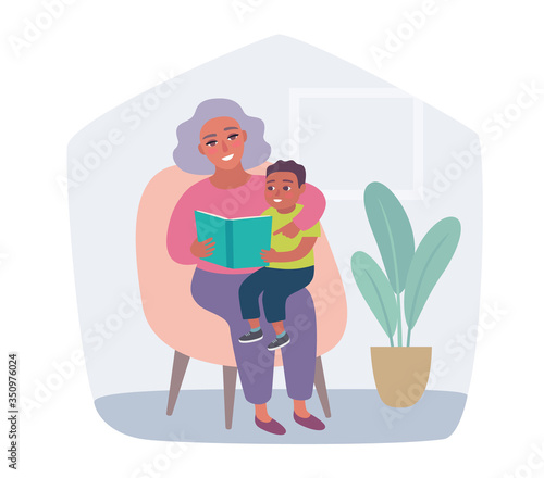 Elderly parent reading book to grandchild. Kid listening to grandmother sitting at armchair. Child Care, education, home schooling.
