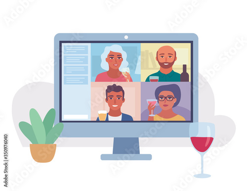 Social distance with friends on quarantine. Friends/ family virtual meeting for happy hour in online video call. Drink from home concept. Coronavirus pandemic. 
