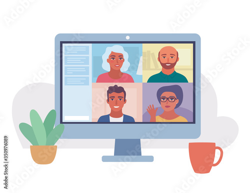 team or family virtual meeting in online video call. work/study video conference. Work from home concept. Quarantine stream communication