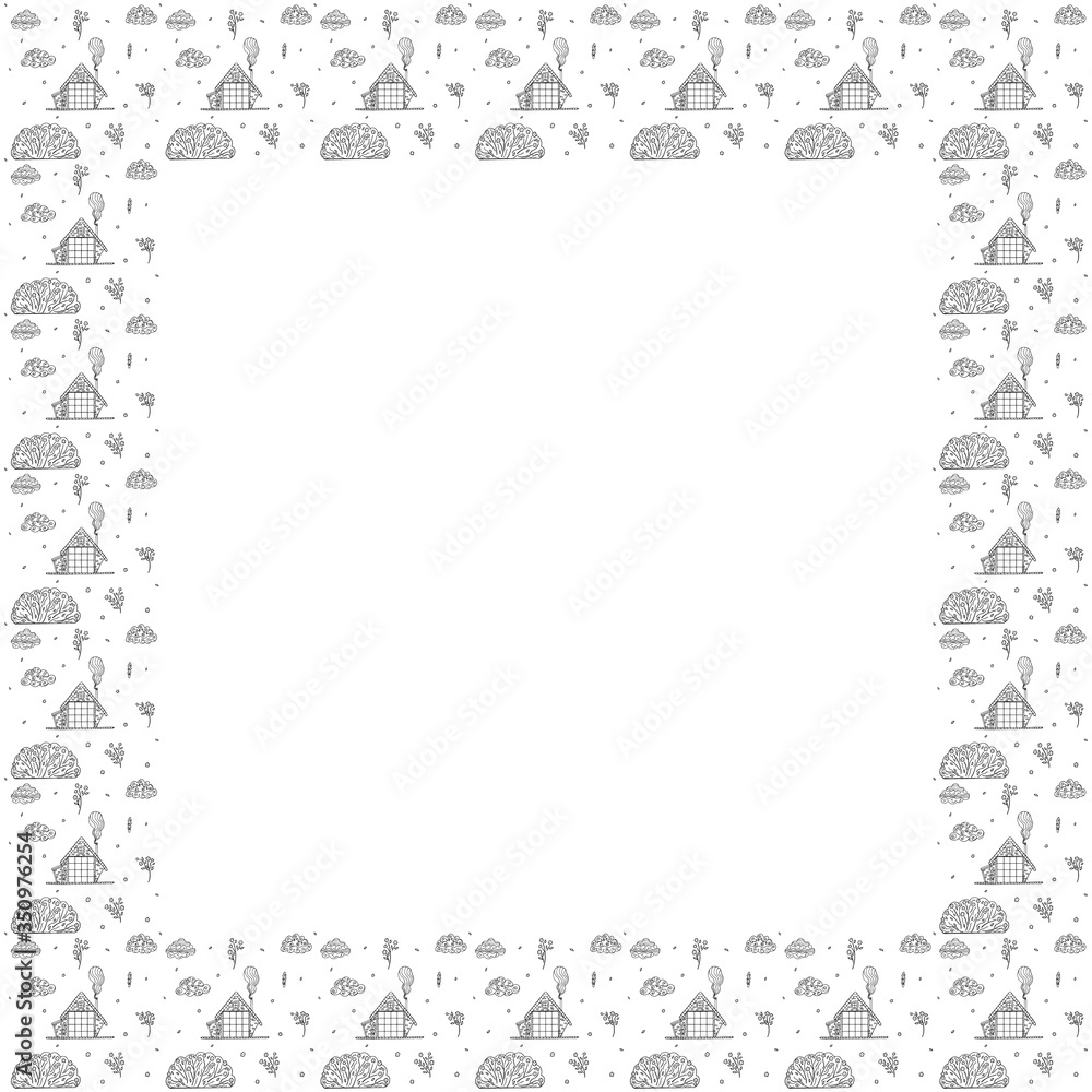 Square frame for text in Scandinavian style from a of black and white hand-drawn rustic houses with smoke from a pipes, potted plants, clouds, bushes, flowers, leaves, buds. Contour doodles. Vector. Square frame for text in Scandinavian style from a of black and white hand-drawn rustic houses with smoke from a pipes, potted plants, clouds, bushes, flowers, leaves, buds. Contour doodles. Vector.