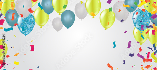Colored confetti with ribbons and balloons on the white. Eps 10 vector file.