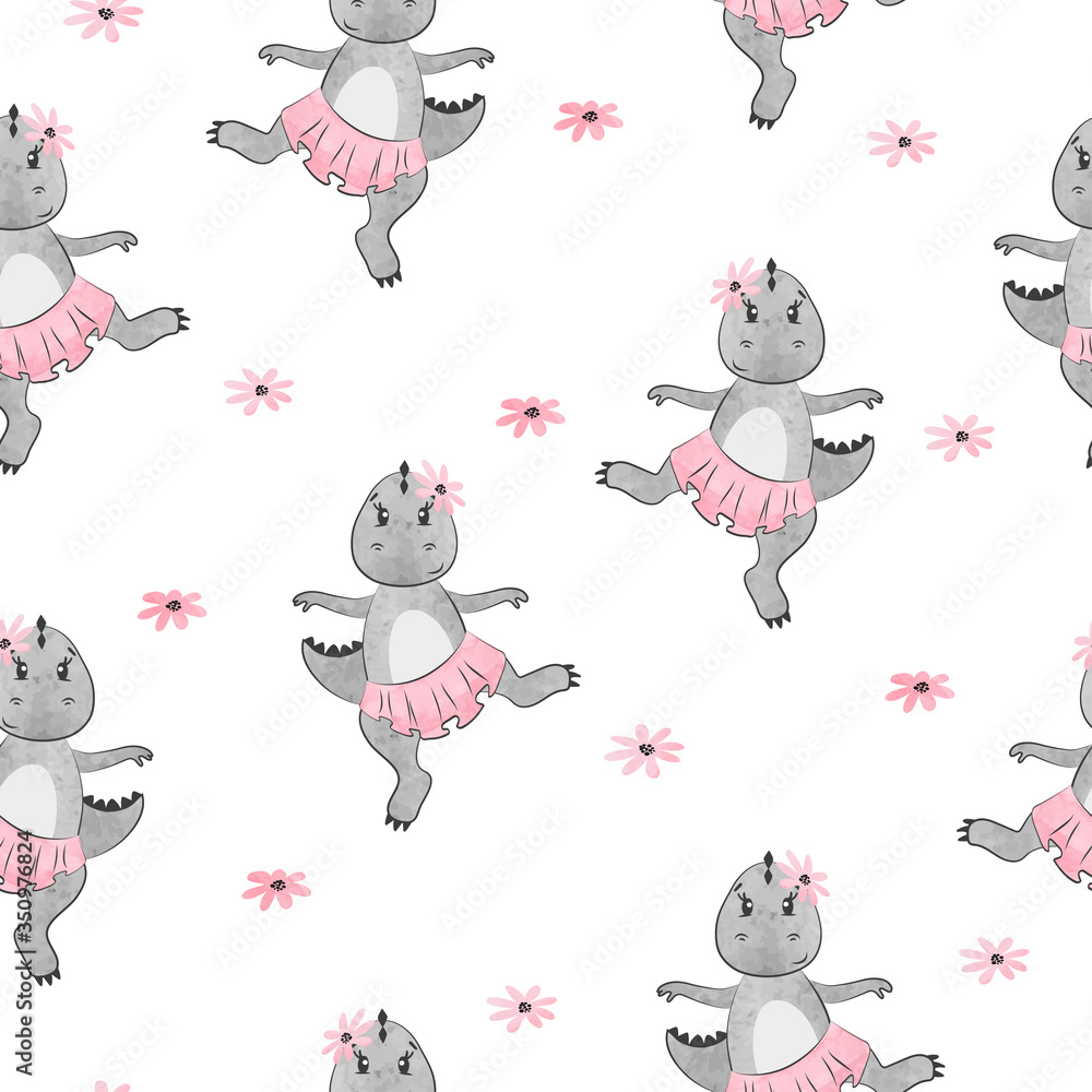 Cartoon Dino girl pattern for kids design. Vector cute dancing dinosaur background.	