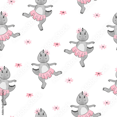 Cartoon Dino girl pattern for kids design. Vector cute dancing dinosaur background.	
