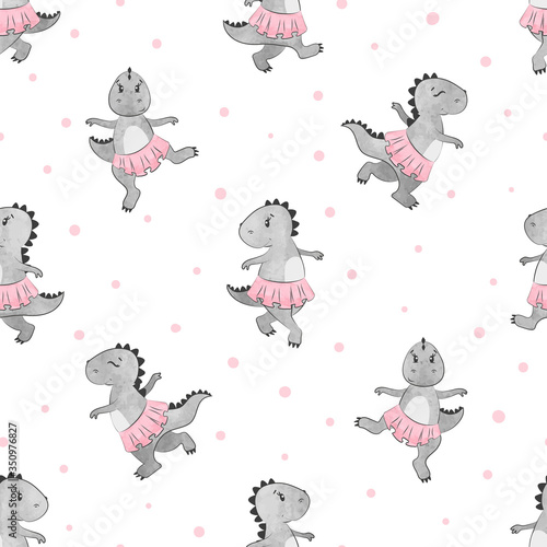 Cartoon Dino ballerina pattern for kids design. Vector dinosaur girl background.	