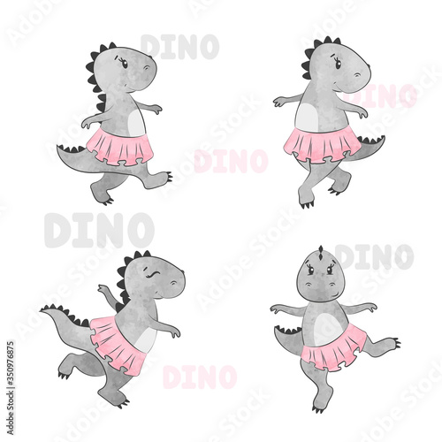 Set of Cartoon Dino ballerina girl. Vector watercolor dancing dinosaur illustration.