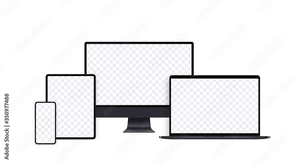 Realistic computer mockup set with desktop, laptop, pad and smartphone. Black electronic device set with transparent screens in front view, pc template, opened notebook and mobile phone display.