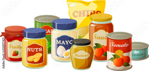 Vector illustration of various food pantry staples in jars and cans isolated on white background