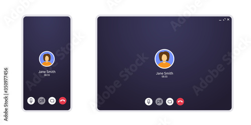 Video call screen on mobile phone and web. Conference chat application ui with mic and video icon and blank place for your picture. Interface mockup for home office and online learning on quarantine.