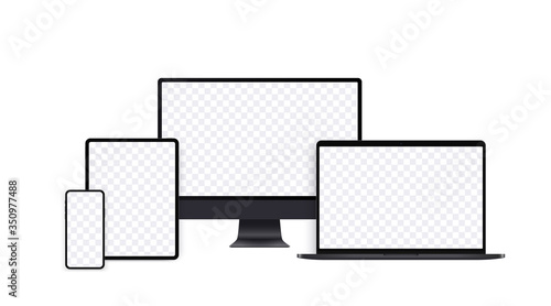 Realistic computer mockup set with desktop, laptop, pad and smartphone. Black electronic device set with transparent screens in front view, pc template, opened notebook and mobile phone display.